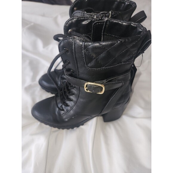 NWT Express Mid Ankle Lug Combat Boots SIZE 7 Black Gold Buckle Quilted Side Zip - Picture 3 of 7